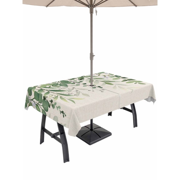 Outdoor Tablecloth with Umbrella Hole for Patio/Picnic/Party/Camping, Green Leaves Waterproof Table Cloth Rectangle Table Cover Washable, Summer Botanical (54"x 80")