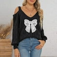 thumbnail image 2 of Rutainlusire Womens Trendy Comfy Bow Printed Sweaters Blouses Women's Casual Fashion V-Neck Bow Long Sleeved Off Shoulder Loose Pullover Sweater, 2 of 6
