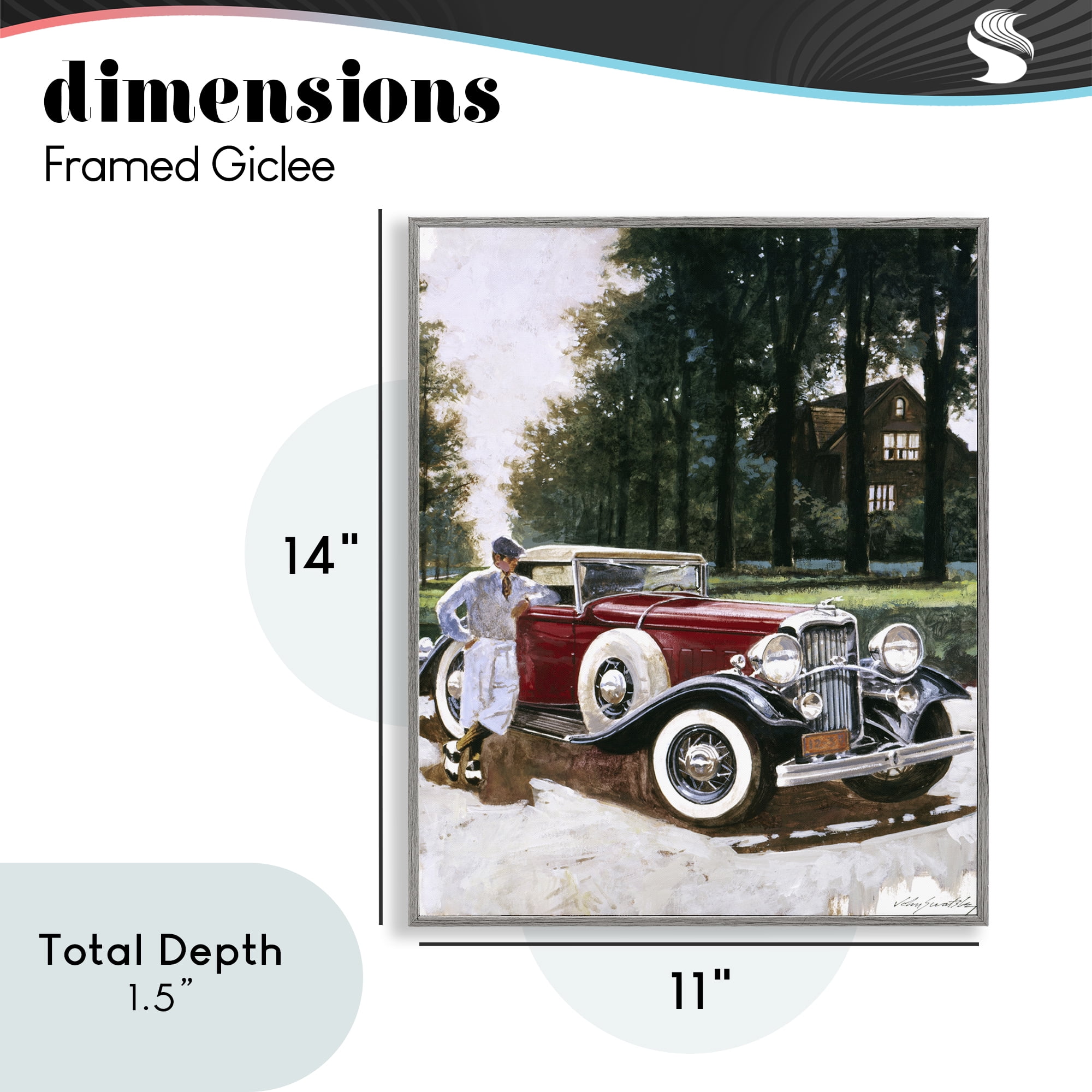 Retro Convertible Coupe & Driver Gray Framed Giclee Art, design by Wind River Studios