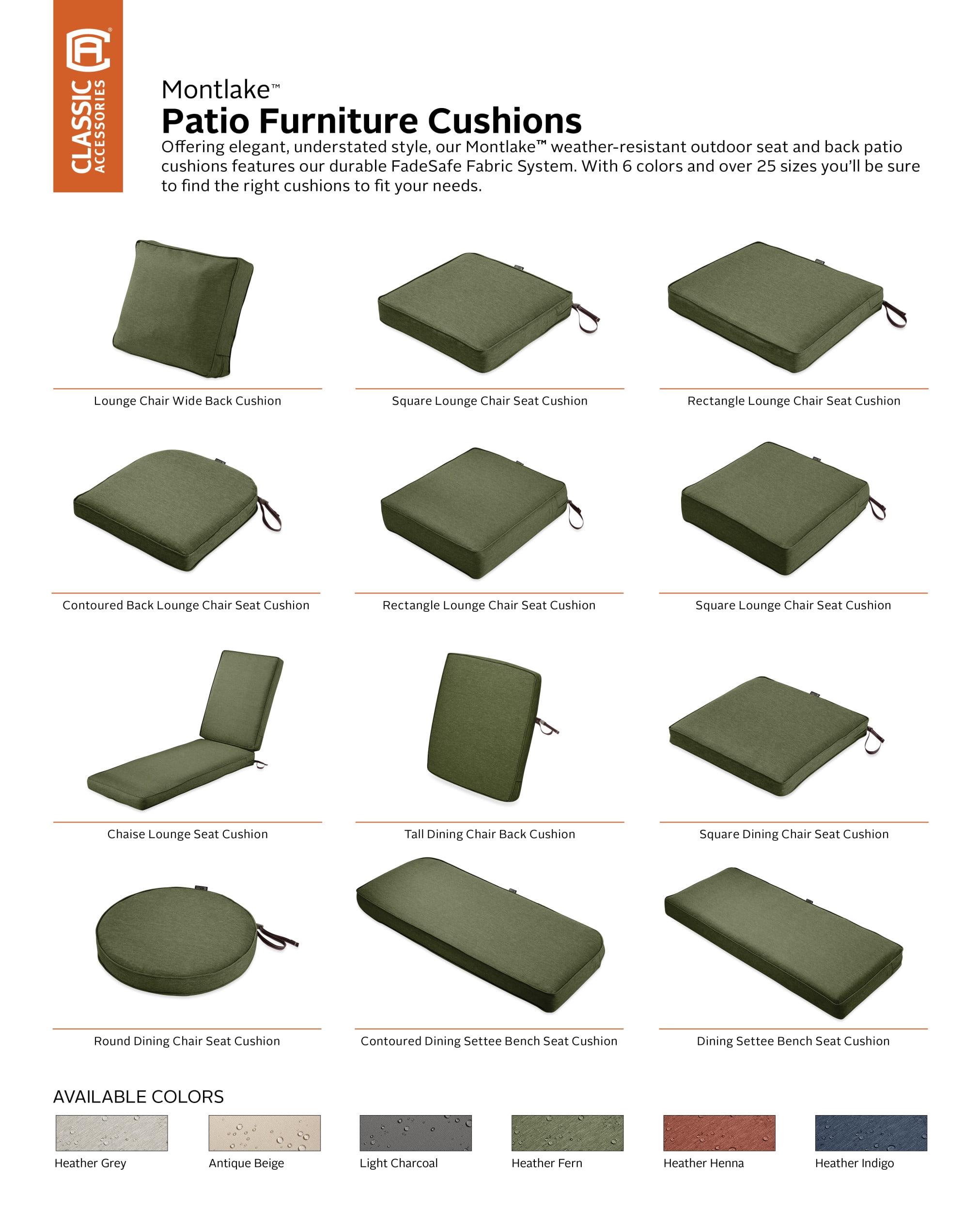 Classic Accessories Montlake FadeSafe Patio Lounge Chair/Loveseat Back Cushion, 23 x 20 x 4 Inch, Heather Fern