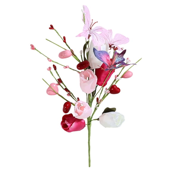 Valentines Day Artificial Flowers Silk Valentine Flower Arrangement with Butterfly Heart & Berry Combo Heart Picks DIY Valentines Flowers Bouquet for Cemetery Wedding Table Centerpiece Home Decor