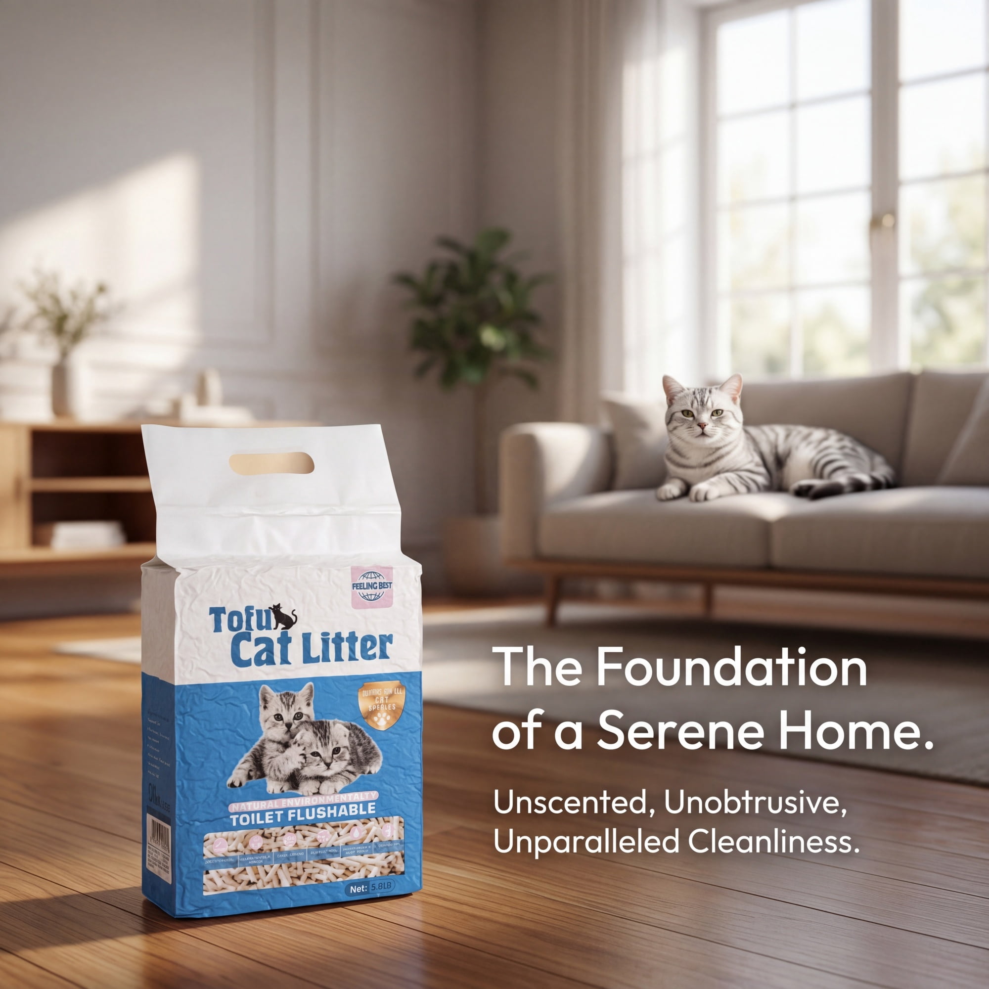 FEELING BEST Tofu Cat Litter 22.4 lb (4 x 5.6 lb), Unscented Clumping, Flushable, Low Dust, Ultra Absorbent for Multi-Cat