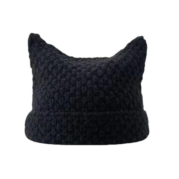 Knit Beanie with Cat Ear Design, Japanese Style, Striped Pattern for Autumn Winter