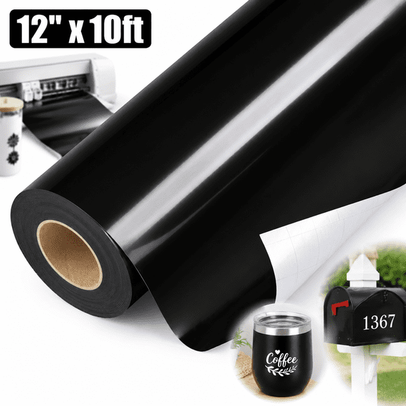 Genreen 12" x 10ft Black Permanent Vinyl Roll, Glossy Adhesive Vinyl with Clear PET Backing for Cutting Machines, Waterproof for Outdoor Decals, Signs & Crafts