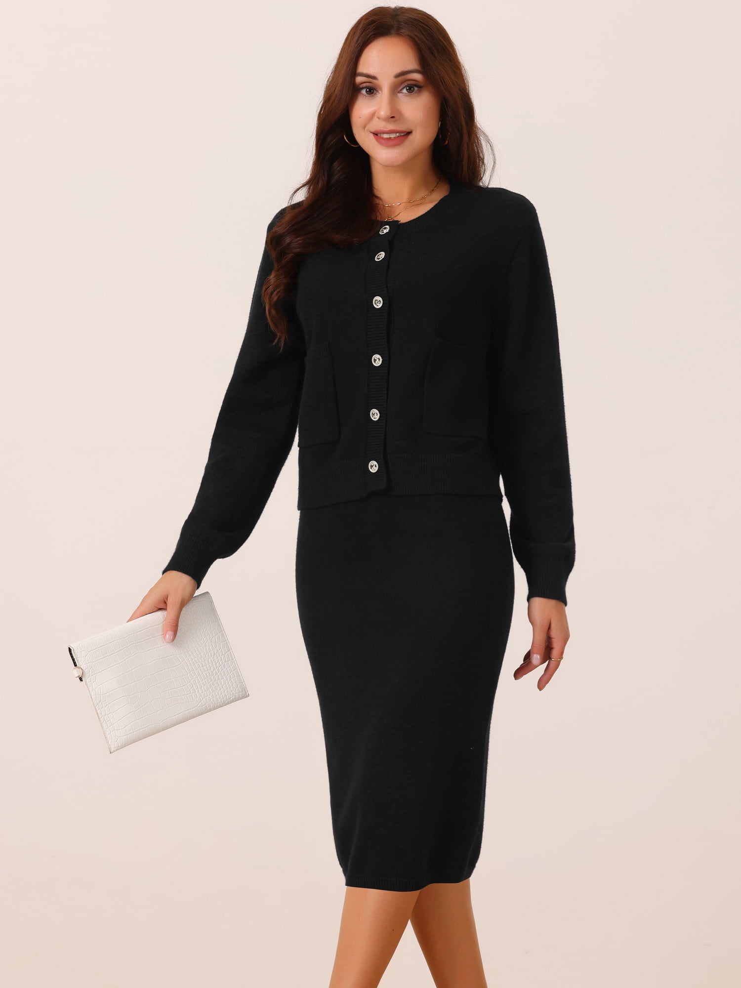 DARING DIVA Women's Winter Sweater Sets Cardigan and Midi Skirts S Black