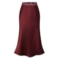 thumbnail image 3 of Women's Satin Silk Maxi Skirt High Waist Lace Trim - Elastic Waist Party Wedding Long Skirt, All Seasons, 3 of 5
