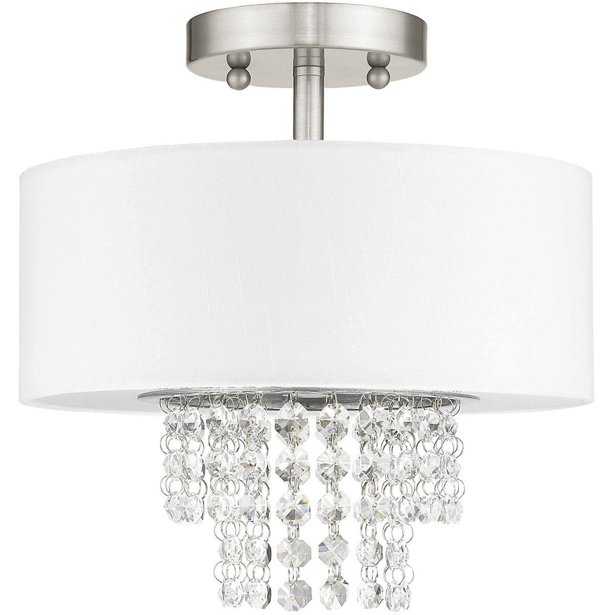 2 Light Brushed Nickel Ceiling Light fixture with Clear Crystals/ Hand Crafted Off-White Fabric Hardback Shade