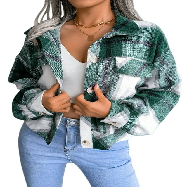 Veste-chemise Courte à Carreaux pour Femme, Col à Revers, Boutonnée, Manches Lanterne Longues, Chemise Courte, Veste, Manteau