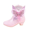 thumbnail image 5 of Kids Snow Boots Girls Glitter Splice Winter Ankle Booties with Sweet Rhinestone Beaded Bow Casual Warm Furry Lined Side Zipper Kitten Heel Princess Dress Boots 12.5 Little Kid Red, 5 of 6