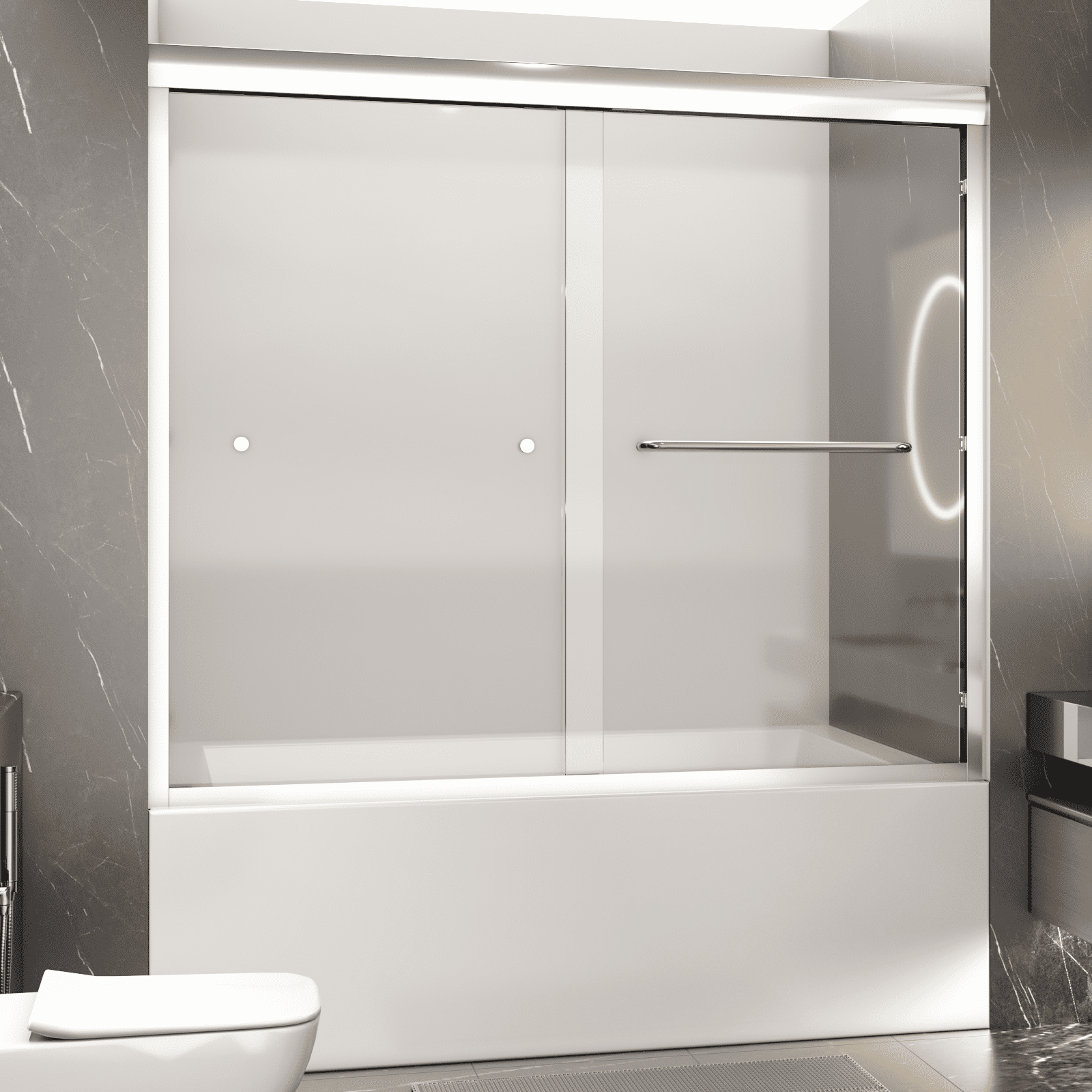 Bathtub Shower Door Semi-Frameless Double Sliding Tub Door 56"-60"Wx58" H Waterproof Bathroom Shower Door 1/4" (6mm) SGCC Tempered Glass With Explosion-Proof Film