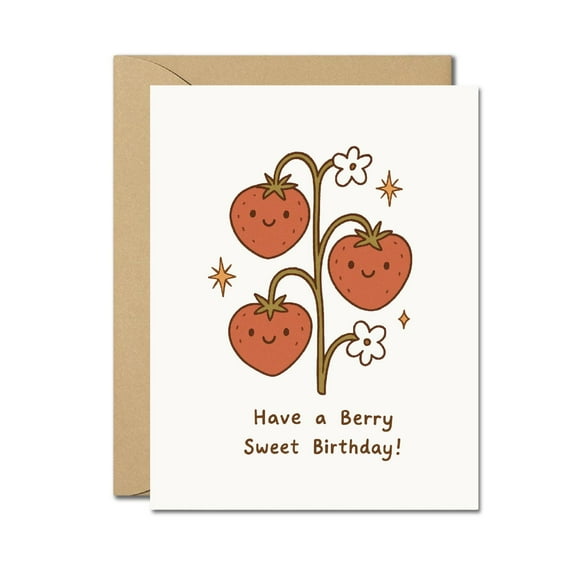 Berry Sweet Birthday Card – Cute Strawberry-Themed Pun Birthday Greeting Card – Fun & Adorable Birthday Card for Friends & Family