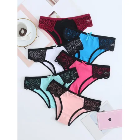 

[6 Pack] Colorful Cotton Panties Contrast Lace Soft & Stretchy Bikini Briefs Women‘s Lingerie & Underwear