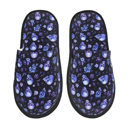 Balery Skull flower leaf purple Slient Indoor Furry Fleece Comfort House Shoes Soft Non-Slip Home Shoes Cotton slippers House Slippers-- Medium