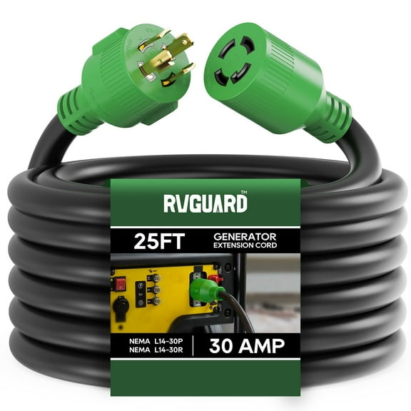 RVGUARD 4 Prong 30 Amp 25 Foot Generator Extension Cord, NEMA L14-30P/L14-30R, 125/250V Up to 7500W 10 Gauge SJTW Generator Cord with Cord Organizer, ETL Listed