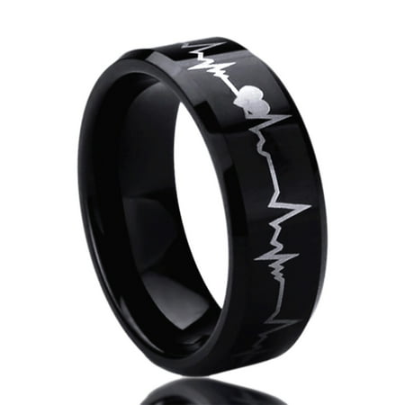 Men Women 8MM Titanium Comfort Fit Wedding Band Ring Laser Engraved Forever Love Heartbeat Black Ring (8 to
