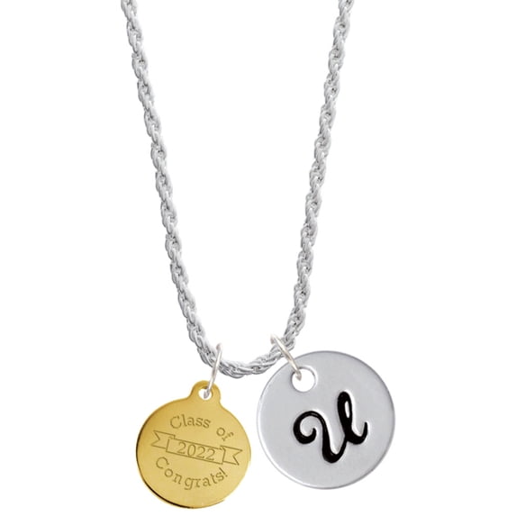 Delight Jewelry Goldtone Engraved Class of 2022 Silvertone Script Initial Disc - U - Charm Necklace, 20"+3"