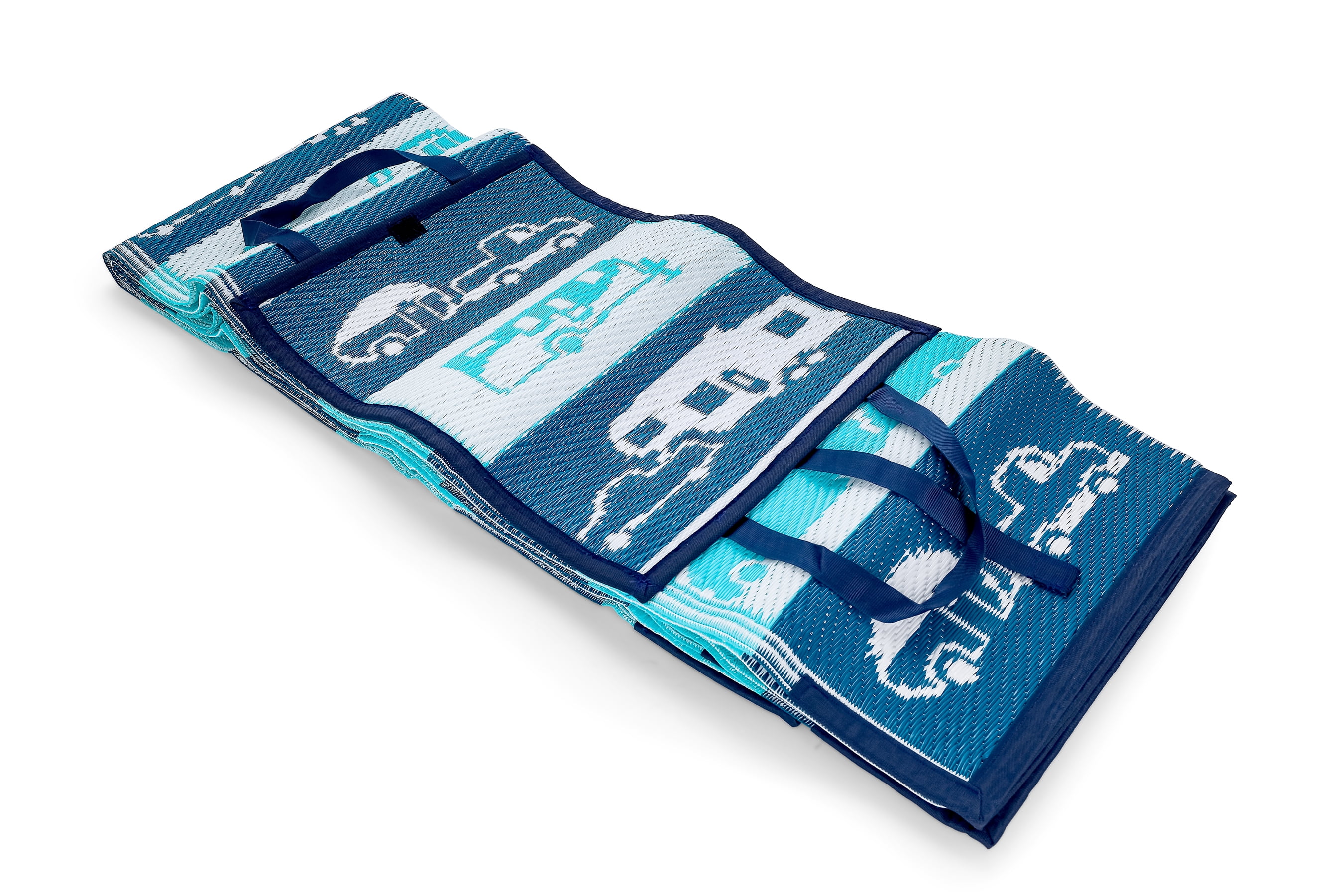 Camco Life is Better at The Campsite Handy Mat with Strap | 60"x 78" | Blue Reversible RV Pattern (53266)