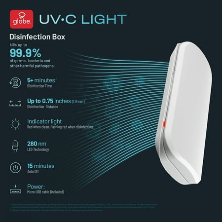 Globe Electric UV-C Light Disinfecting Box, White, Indicator Light, Micro USB Cable Included, 60057