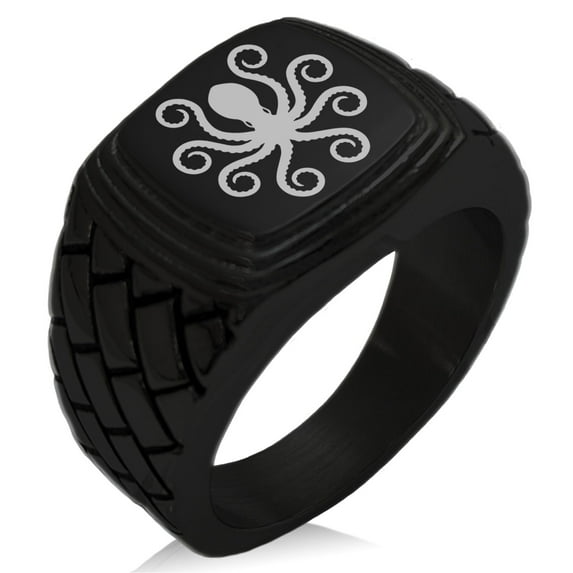 Stainless Steel Legendary Kraken Geometric Pattern Step-Down Biker Style Polished Ring