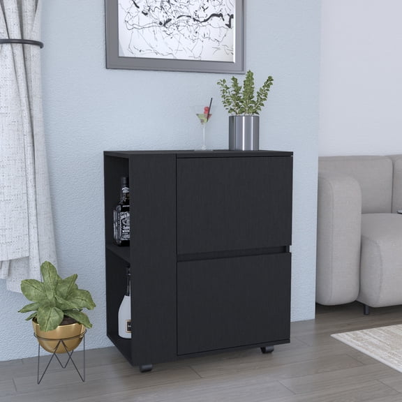 Functional Bar Cart In Black With Two Cabinet Compartments And Open Shelf Options Swivel Wheels Cabinets Storage