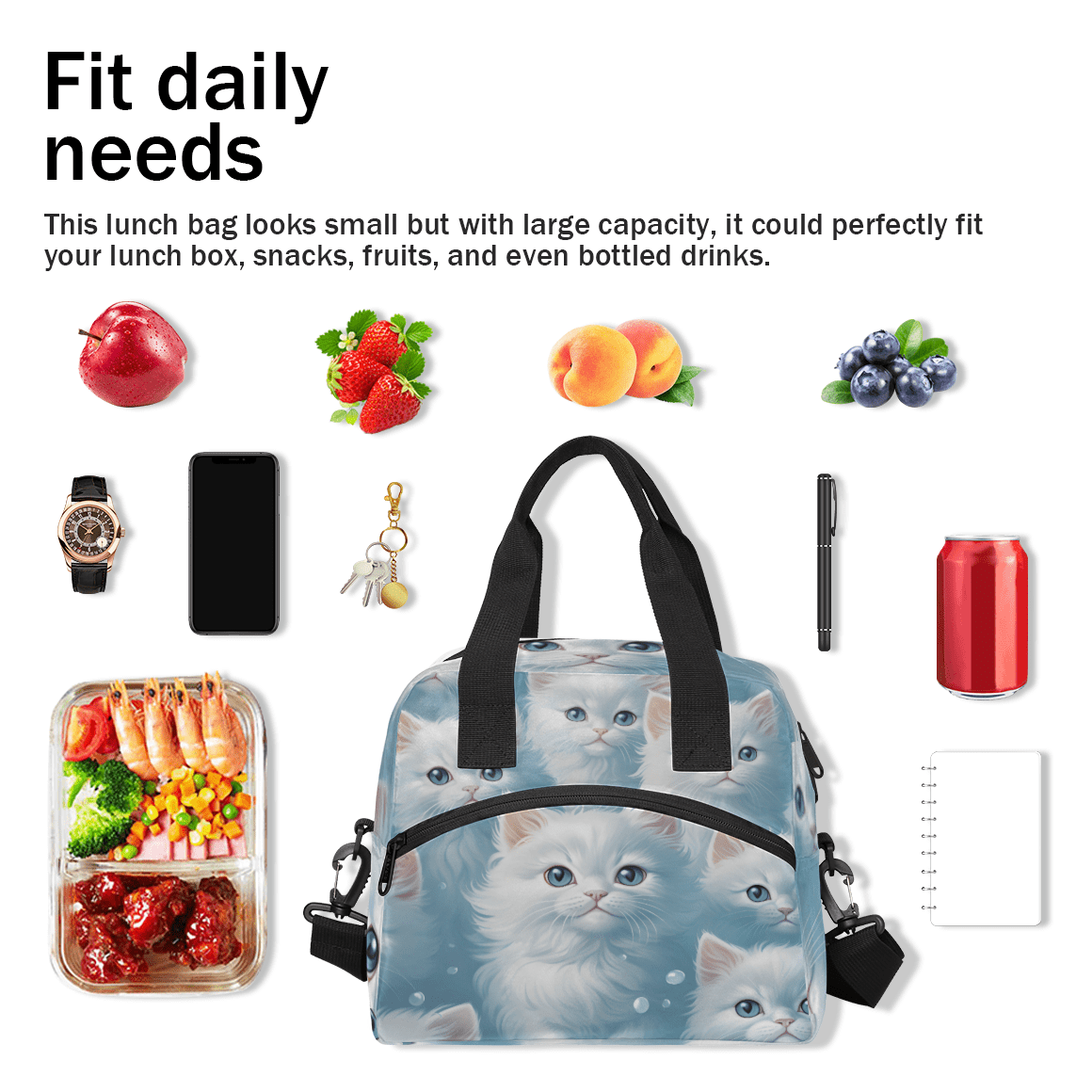 Herdesigns Cat Insulated Lunch Bag for Women Men Adults Large Reusable Lunch Box Cute Cat Leakproof Cooler Tote Bags with Adjustable Shoulder Strap