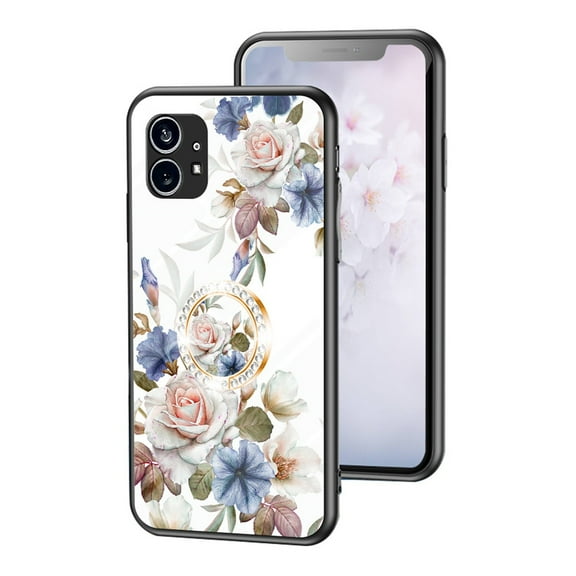 Dteck Compatible with Nothing Phone 1 Case with Ring Holder Kickstand Women Girls, Never Faded Floral Phone Cases, Soft TPU Shockproof Protective Cover for Nothing Phone 1 2022, Blue Flower