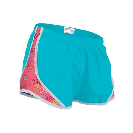 Side Mesh Insert - Girls Shorts with Printed Mesh Side Inserts, Light Turquoise & Love Ya - Medium