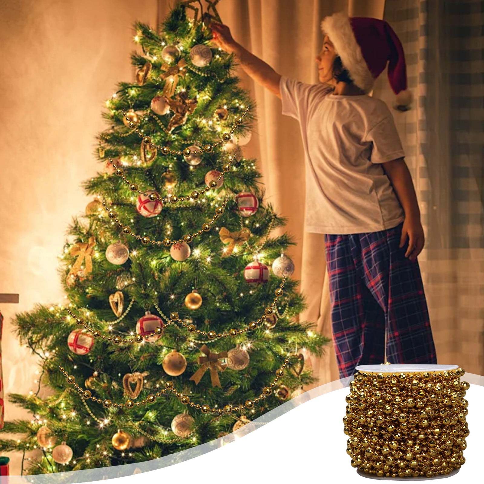 49 Feet Christmas Tree Beads Beaded Garland Strand Plastic Pearls Beads Garland Crystal Bead Roll for Christmas and Holiday Decorations (Gold)