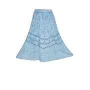 Mogul Womens Long Skirt Blue Embroidered Rayon Sexy Boho Flirty Retro Skirts