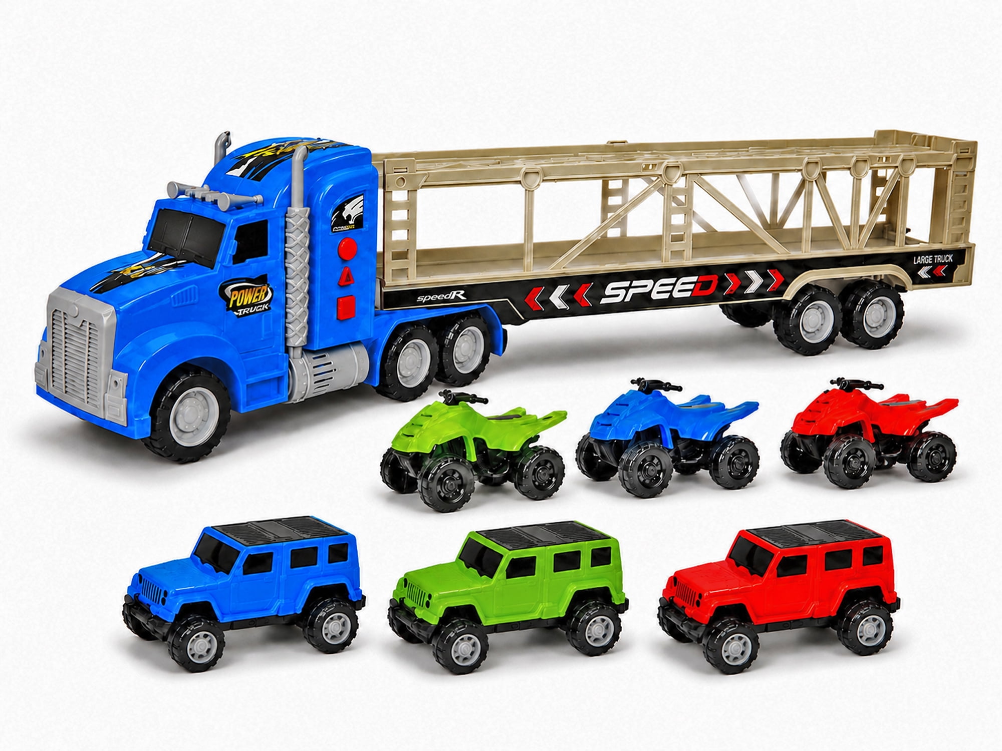 Friction Powered Toy Car Carrier Truck, 23 Inch Transport Trailer with 6 Mini Vehicles, Lights, Sounds, Opening Rear Door, Detachable Trailer