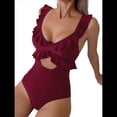 thumbnail image 3 of Traje de Baño de una Pieza para Mujer, con Control de Abdomen, Volantes, Escote en V, Fruncido, Corte Adelgazante. Vino Tinto S, 3 of 7