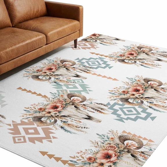 Western Ram Skulls Washable Area Rug 6 x 9 ft Country Ethnic Farmhouse Geometric Pink Flowers Soft Non‑Slip Rugs Stain Repellent Indoor Mats for Living‑Room Great Room Large Formal Dining‑Room