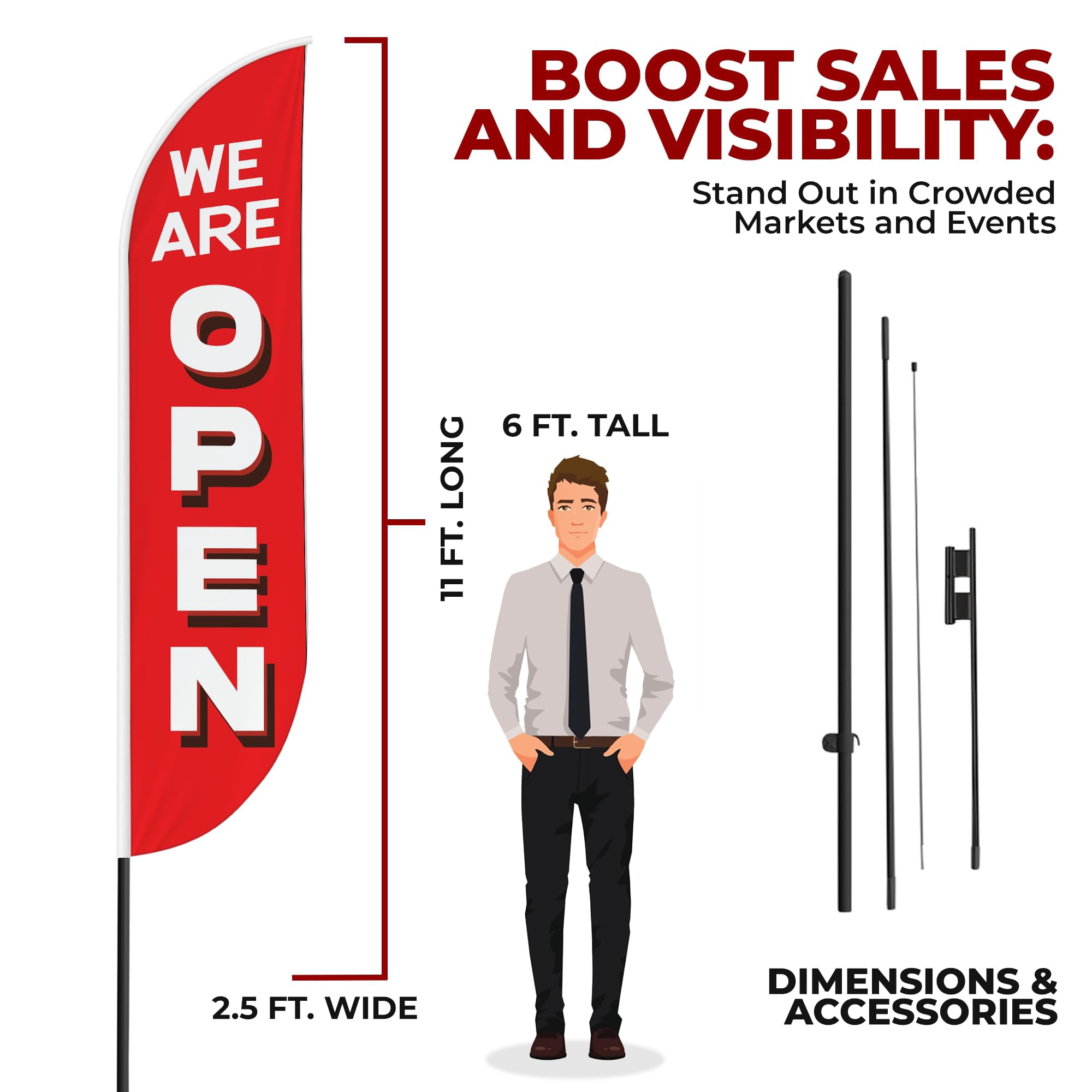 We Are Open Sign Feather flag Pole Mount for Outdoor by Mavis Print | 15 FEET Long Polyester Outdoor Banner Flag Pole Kit for Easy Hang | HD Print Swooper Flag Pole Stand for Business Advertisin