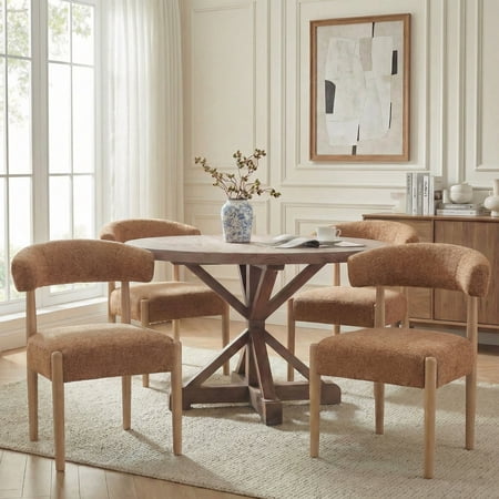Minimalist Dining Chairs Set of 4 Soft Fabric Upholstered Ergonomic Curved Back Thick Foam Seat Solid Wood Legs with Anti-Scratch Glides for Kitchen Dining Room Orange