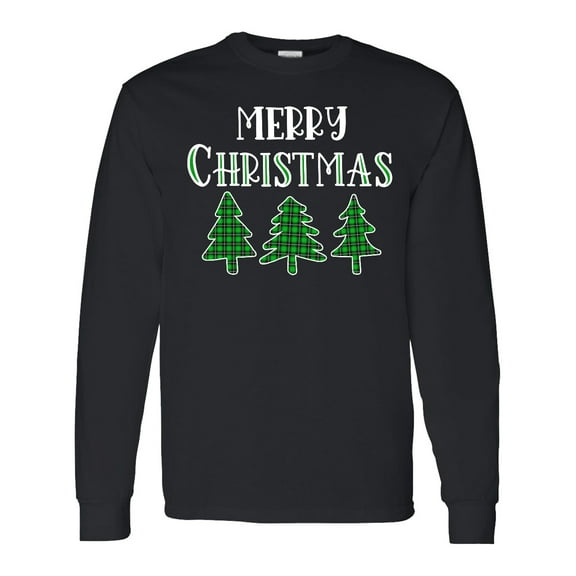 Inktastic Merry Christmas Green Plaid Christmas Trees Long Sleeve T-Shirt