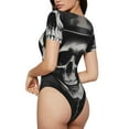 thumbnail image 2 of Salouo Black White Hat Skull for Women's Short Sleeve Bodysuit,Sexy Bodysuits One Piece Round Neck Bodysuit Shapewear Tummy Control-Medium, 2 of 7