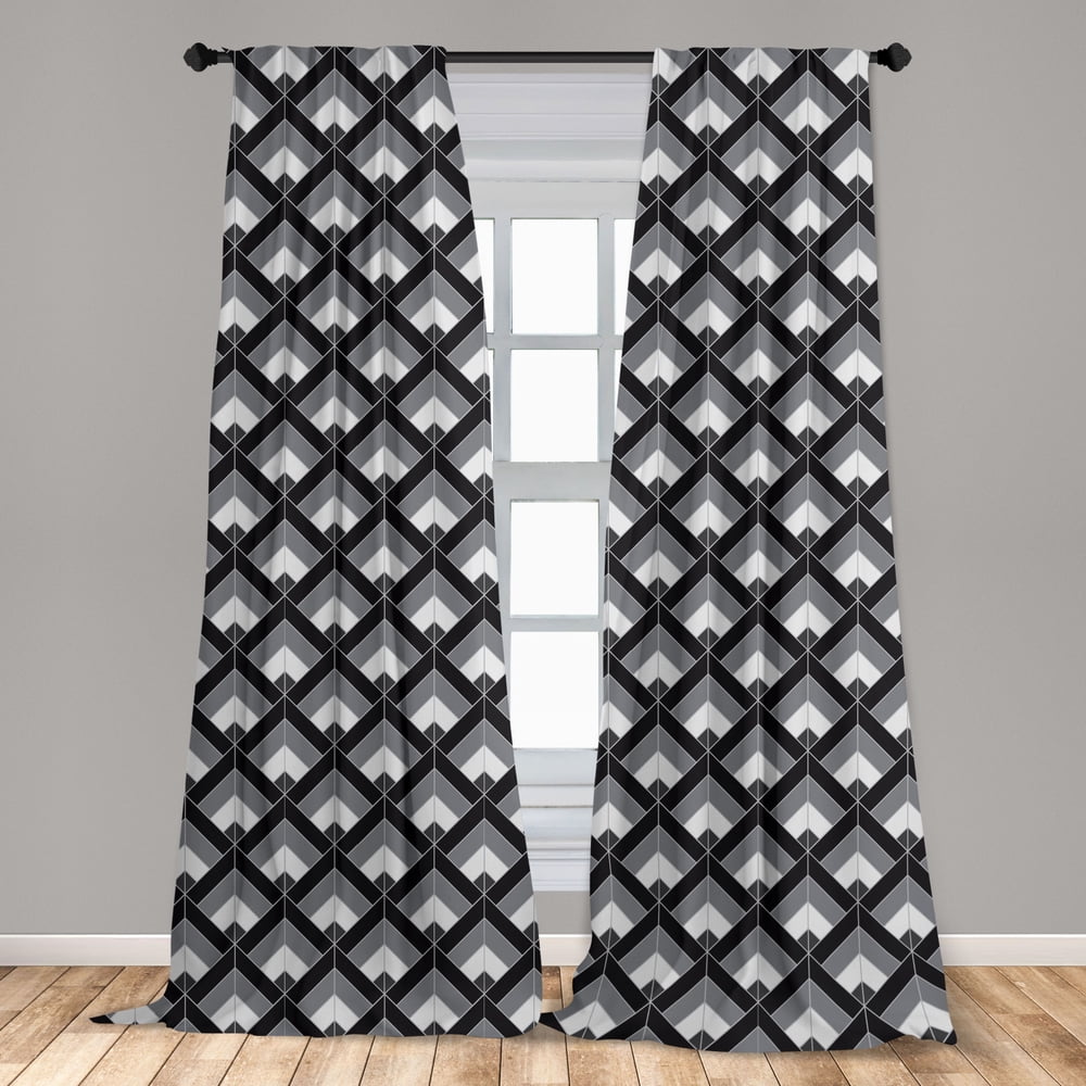 Grey and Black Curtains 2 Panels Set, Bohemian Pattern with Triangles