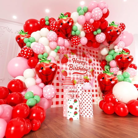 RFGUB Strawberry Balloons Arch Kit - 153Pcs Different Size Red and Pink Green Balloons Garland Kit for Girls Sweet One Berry First Birthday Baby Shower Valentine's Day Strawberry Party Decorations