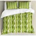 thumbnail image 1 of Striped Duvet Cover Set King Size, Retro Wavy Leaf Lines with Digital Effects Unusual Repeating Fresh Floral Essence Print, Decorative 3 Piece Bedding Set with 2 Pillow Shams, Green, by Ambesonne, 1 of 3