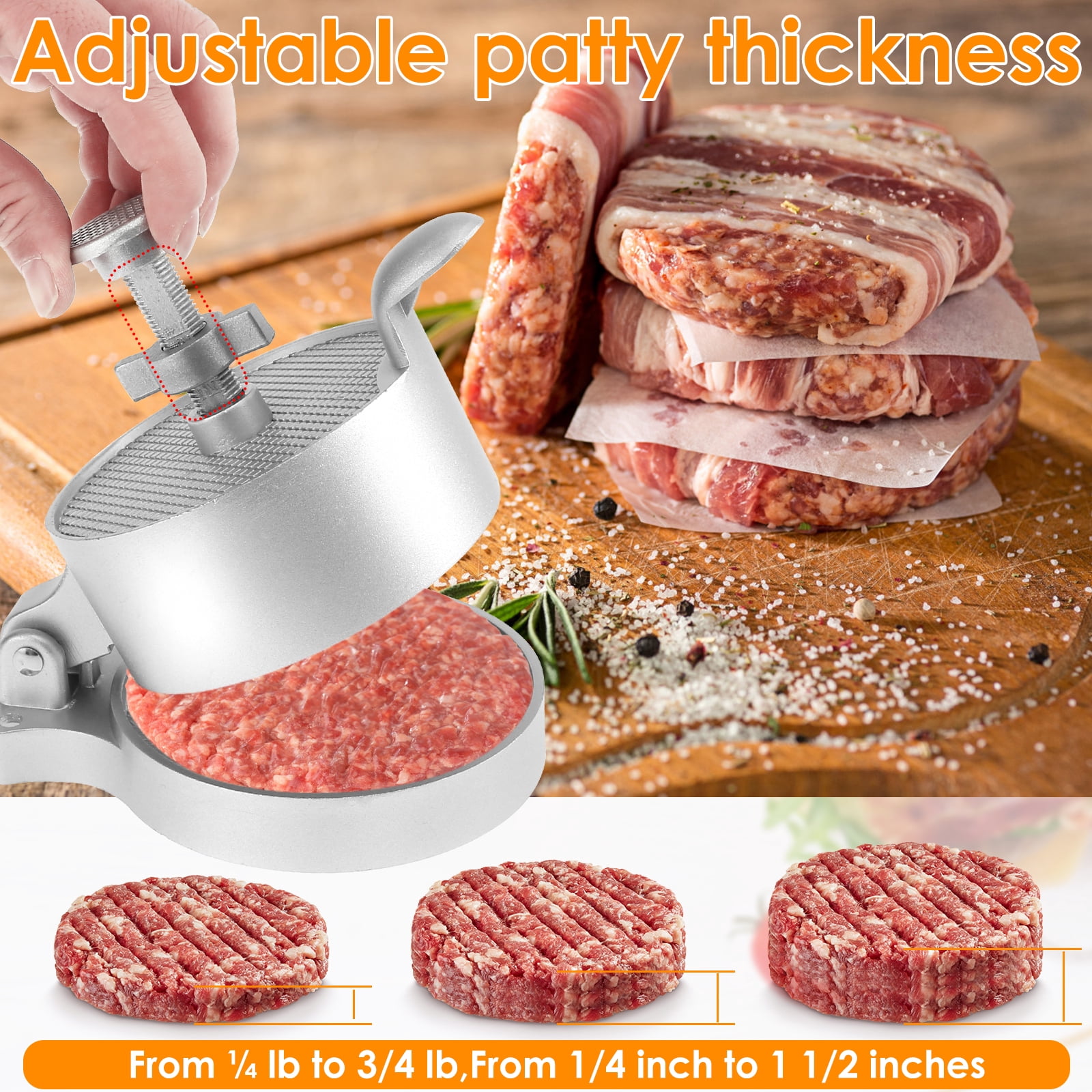 Evjurcn Burger Press with 100 Patty Paper Adjustable Thickness Hamburger Press Patty Maker Non-Stick Hamburger Patty Maker Mold Aluminum Alloy Burger Press Patty Maker for Grilling and Cooking