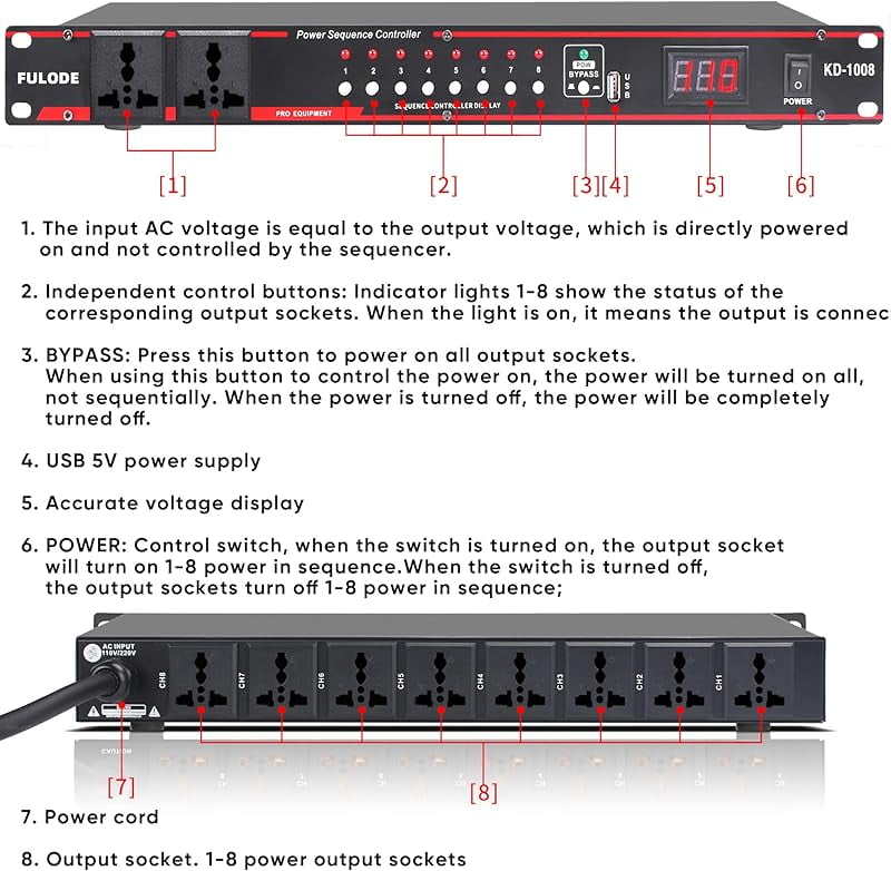 FULODE 2000W 10 Socket Sequential Rack Professional Audio Power Conditioning ，Digital Voltmeter, USB, Surge Protector for Home Theater Stage/Studio (FL-1000).
