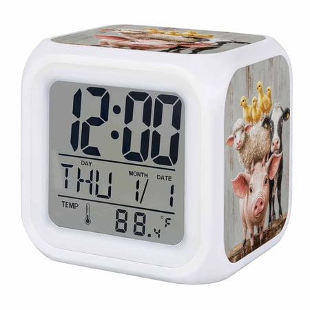 Farm Pig Cow Digital Alarm Clock for Bedrooms, Smart LED Alarm Clock with 7 Color Changing Night Light, Funny Cute Animals Chicken Oil Painting Silent Wake Up Clocks for Sleep Study Cooking 3.2x3.2