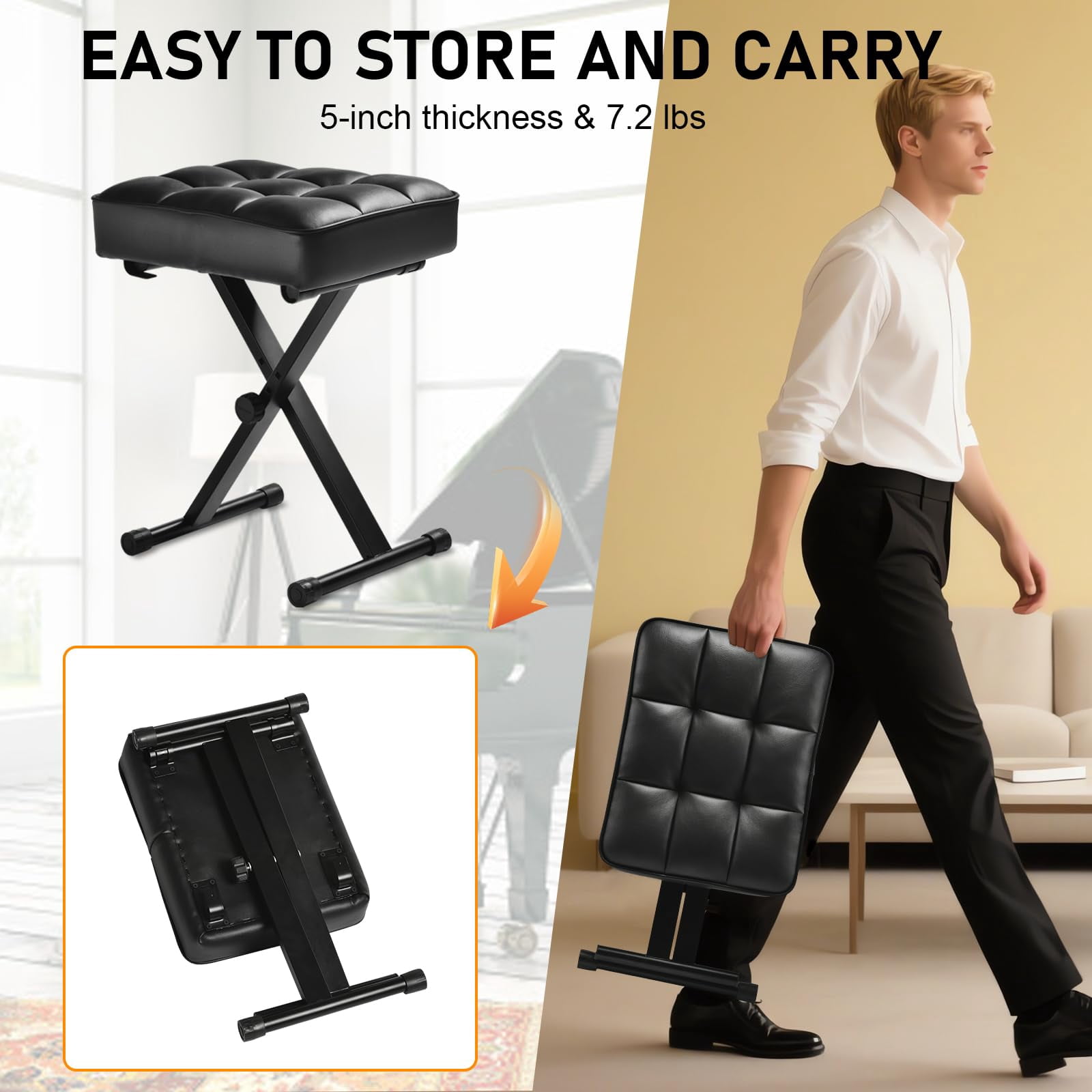 Keyboard Bench Adjustable Piano Stool - Extra Comfortable With High Rebound Sponge Cushion No Deformation Superior Support X-style Portable Foldable Chair  3 Height Adjustment(black)