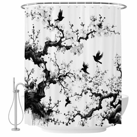 Chinese Painting Shower Curtain, Waterproof Shower Curtains for Bathroom, Traditional Culture Cool Bird Tree Branch Washable Fabric Bathtub Curtain Set Bath Decor with 12 Hooks Long 72"x84"