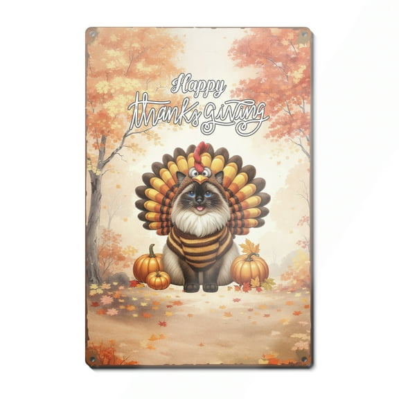 Happy Thanksgiving Ragdoll Turkey Costume Pumpkins Autumn Leaves Vertical Metal Aluminum Sign Cat Lover Kitten Owner Gifts Idea Wall Art Home Decor - 130144
