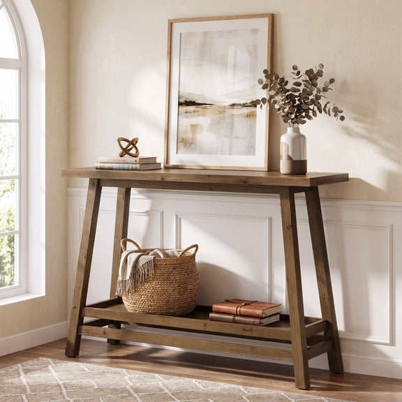 Fnova 41.3 Inch Solid Wood Console Table, 2-Tier Farmhouse Sofa Table with Storage Shelf, Narrow Behind Couch Accent Table for Living Room, Entryway, Hallway