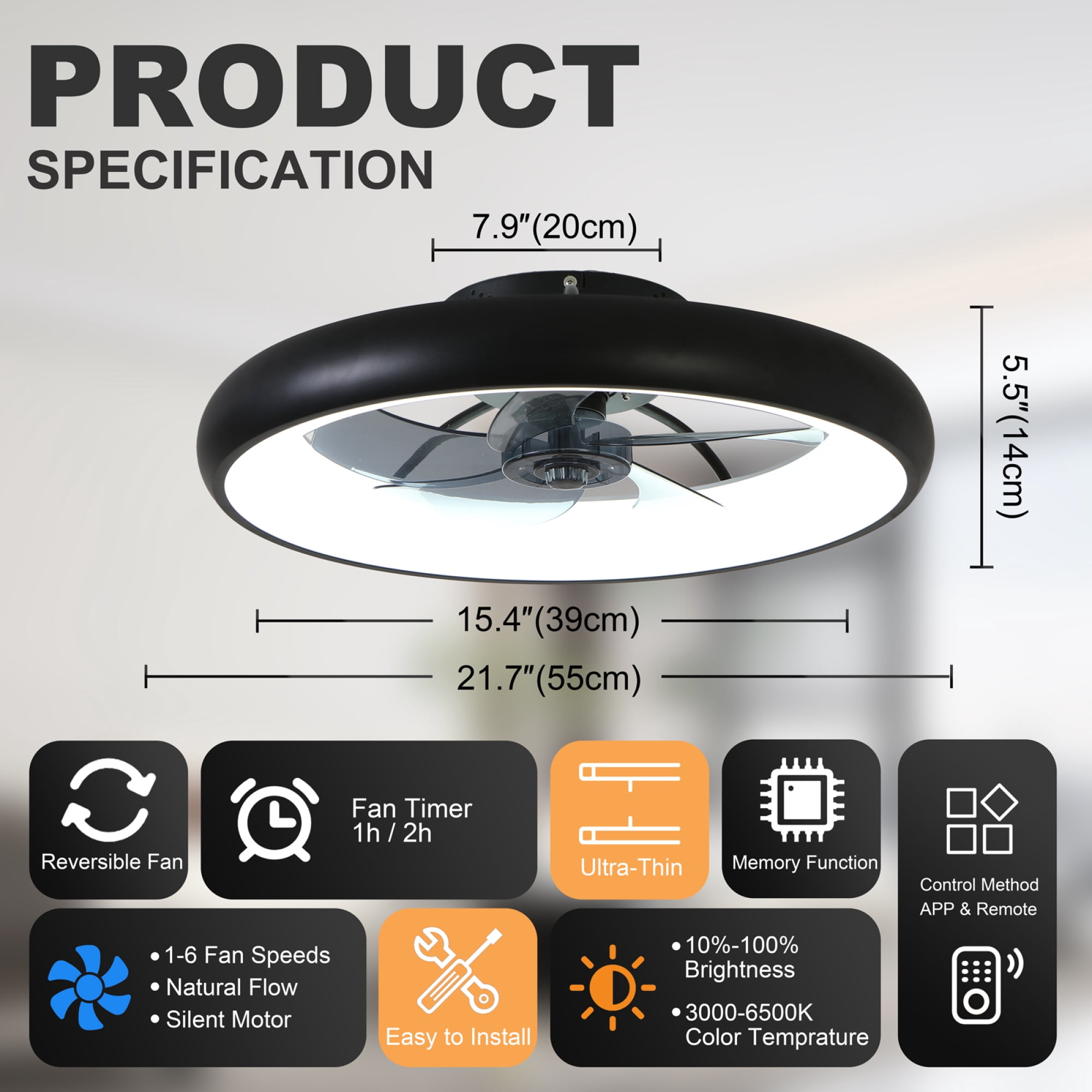 Leumius 21.7" Black Ultra-Thin Ceiling Fan with Light, 6-Speed Reversible Fandelier, 3-Color Temp Dimmable, Remote & APP Control, Silent Motor for Bedroom Living Room