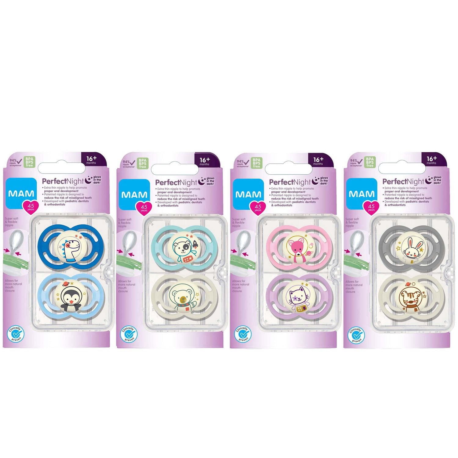 MAM Perfect Night Pacifiers, Glow in the Dark Pacifiers (2 pack), MAM Pacifiers 16 Plus Months, Best Pacifier for Breastfed Babies, Assorted, Baby Pacifier