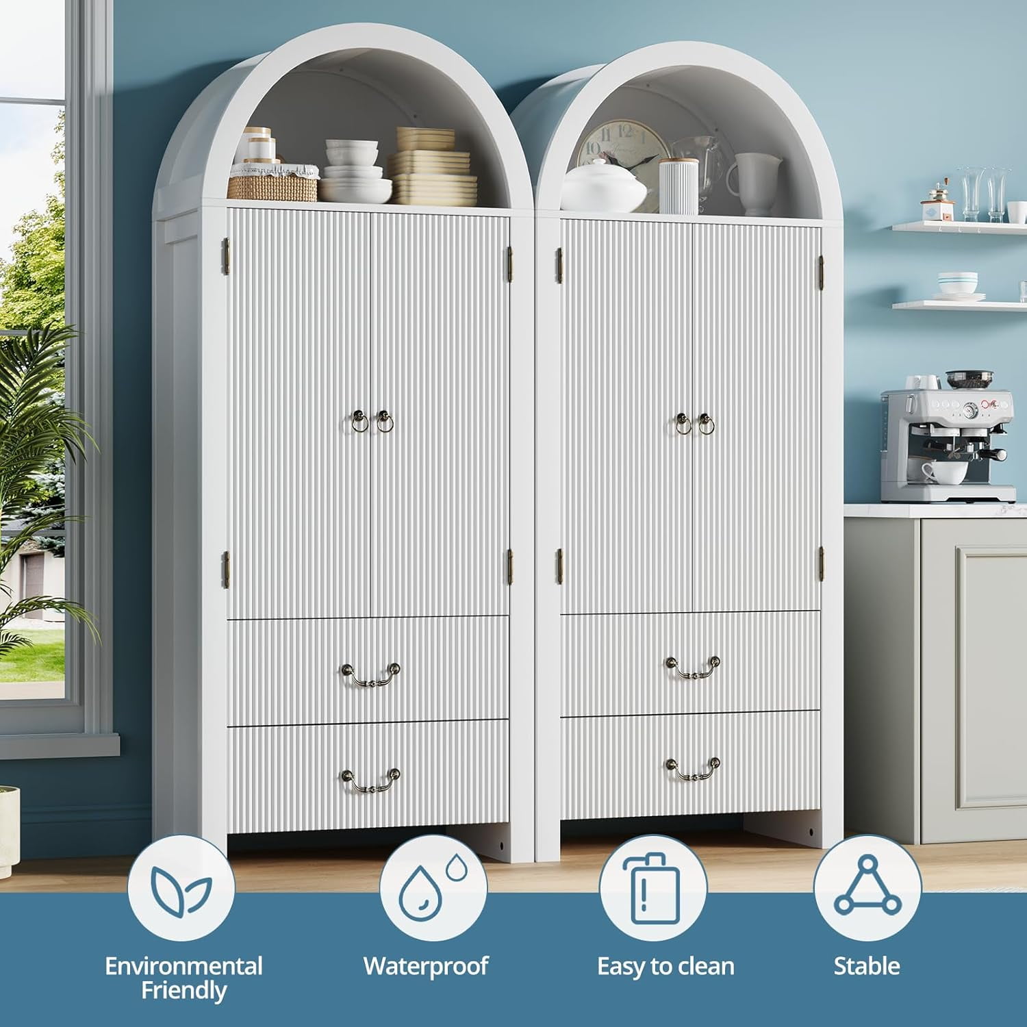 Fluted Arched Pantry Cabinet, 71" Tall Kitchen Storage Pantry Cabinet with Adjustable Shelves and 2 Large Drawers, Freestanding Morden Versatile Cupboard for Living Room, Bathroom, White