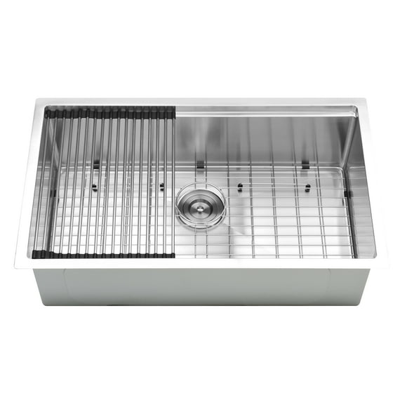 Ancona 32 in. Prestige Series Stainless Steel 18 Gauge Undermount Single Bowl Kitchen Sink with Drying Mat and Low Ledge